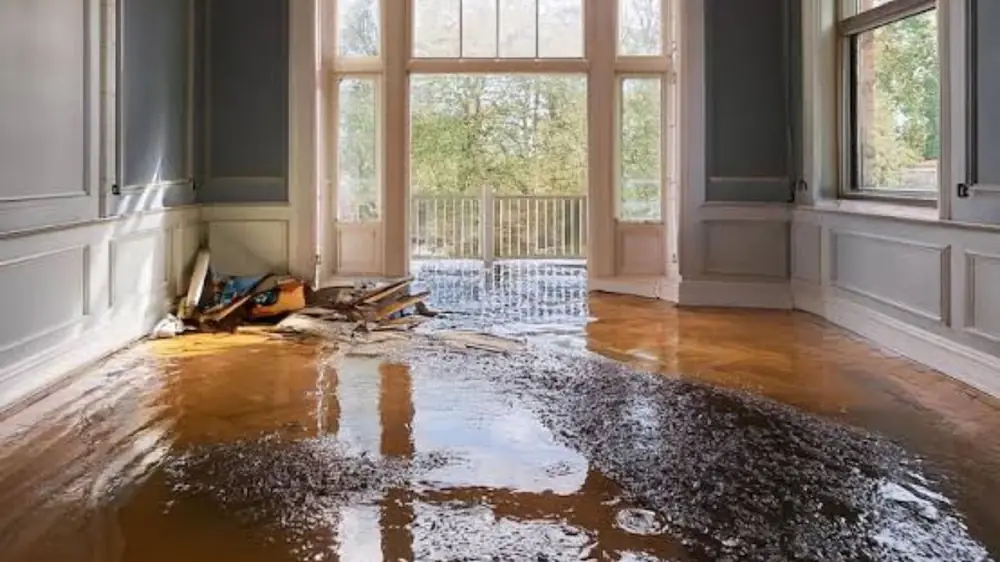 Room with a wet hardwood floor and debris beside tall windows