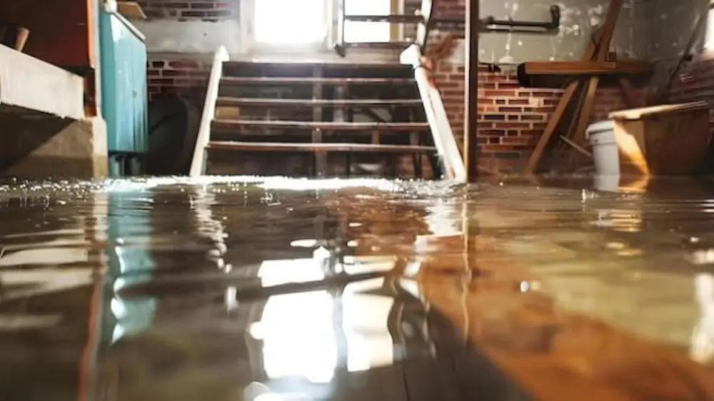 Floodwater reaching the foot of a basement staircase