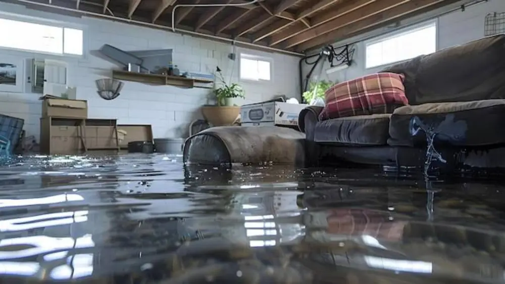 Flooded basement with a sofa and shelving standing in dark water