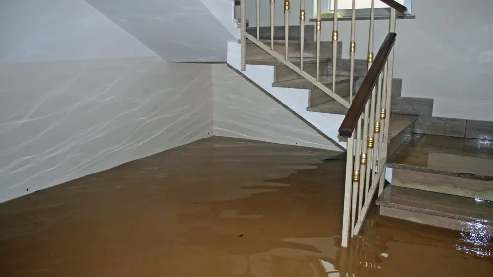Floodwater covering the bottom of a basement staircase