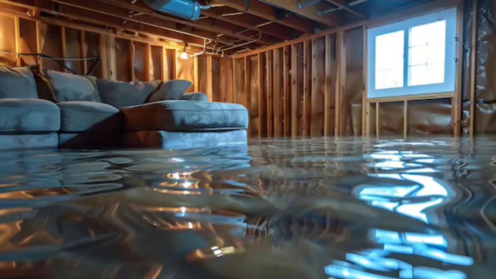Flooded basement with exposed wall framing and a sofa in standing water