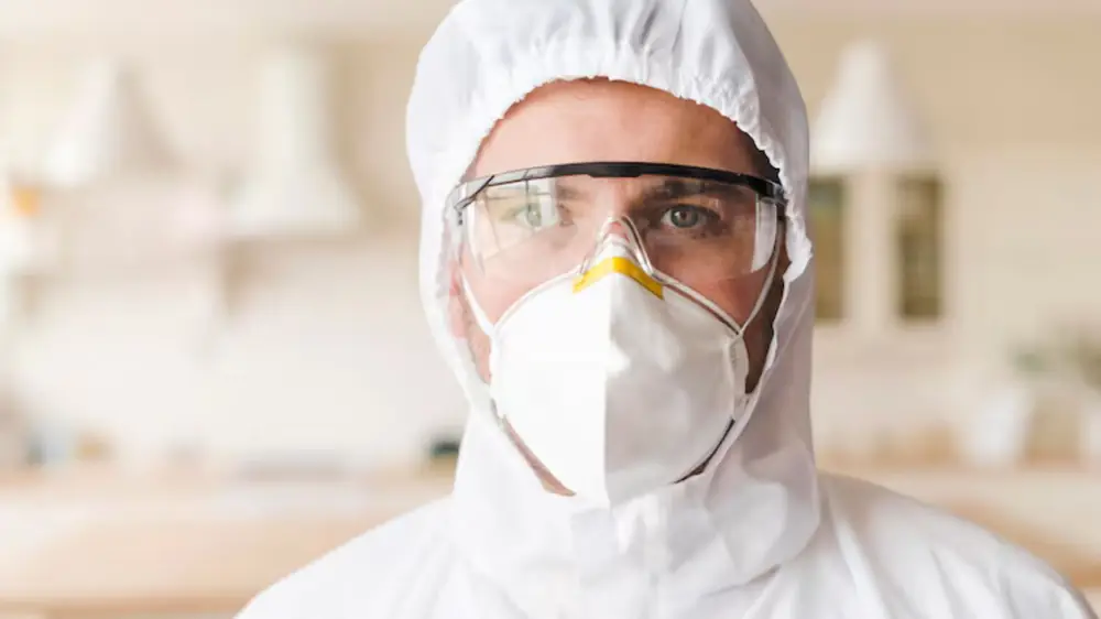 Person wearing a respirator mask, safety glasses and a protective hood