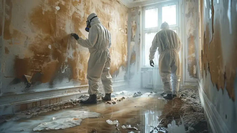 Two workers in protective suits and respirators inspecting damaged walls in a wet room