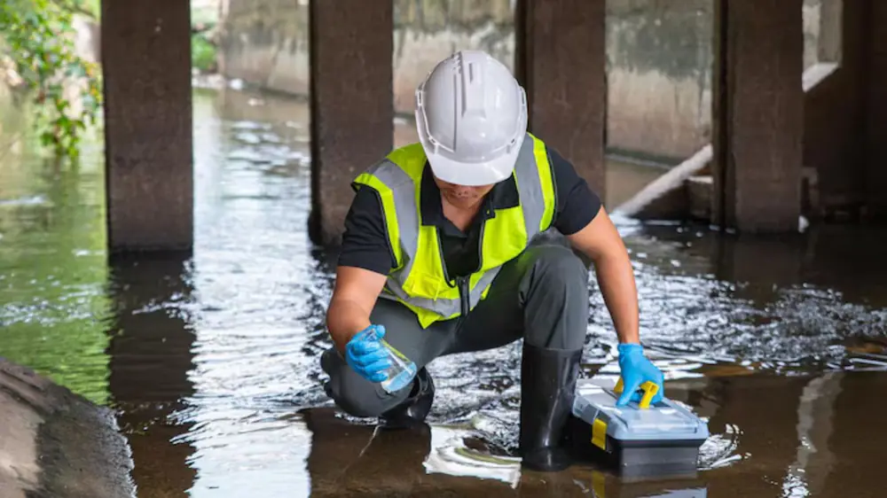 Inspector in a hard hat and safety vest taking a sample from floodwater