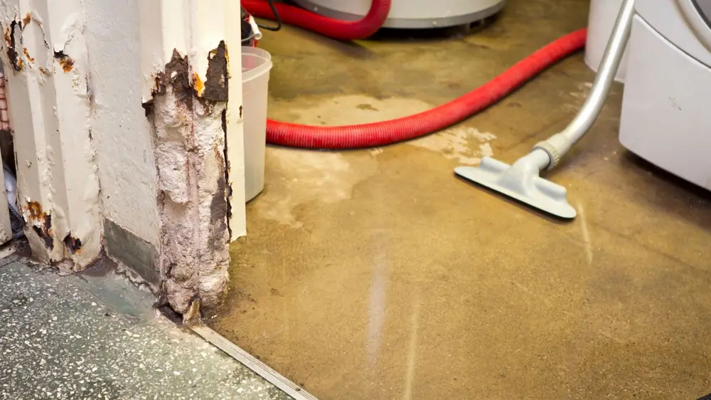 Wet vacuum wand and red hose removing water from a concrete floor