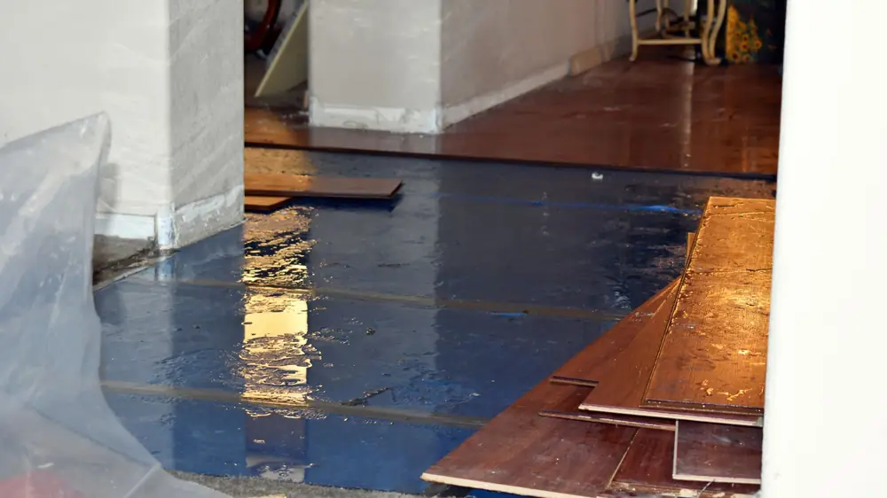Wood flooring boards pulled up over a wet subfloor covered with plastic sheeting