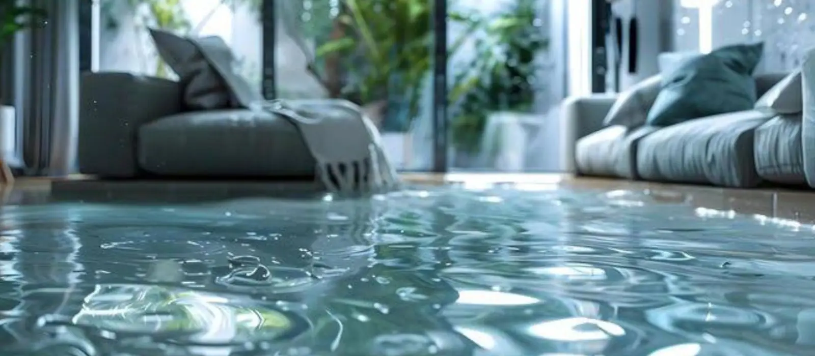Standing water across a living room floor in front of a gray sofa