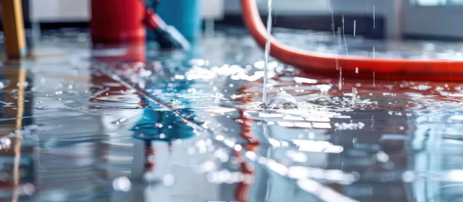 Hose and water streaming across a wet tile floor during extraction