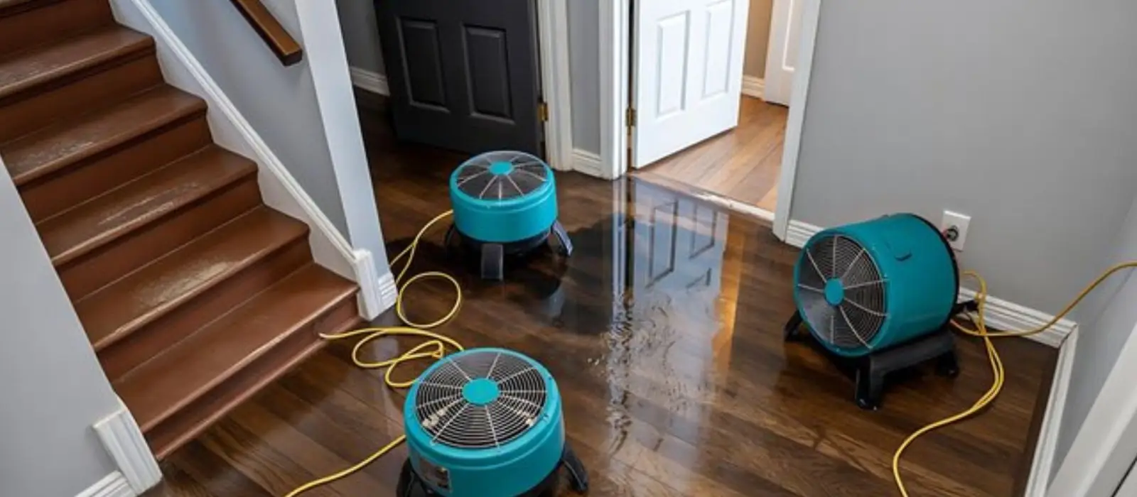 Air movers drying a hardwood floor at the bottom of a staircase