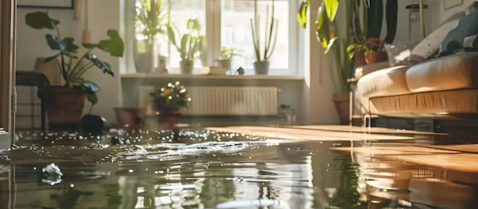 Water on the floor of a sunlit living room with plants and a sofa